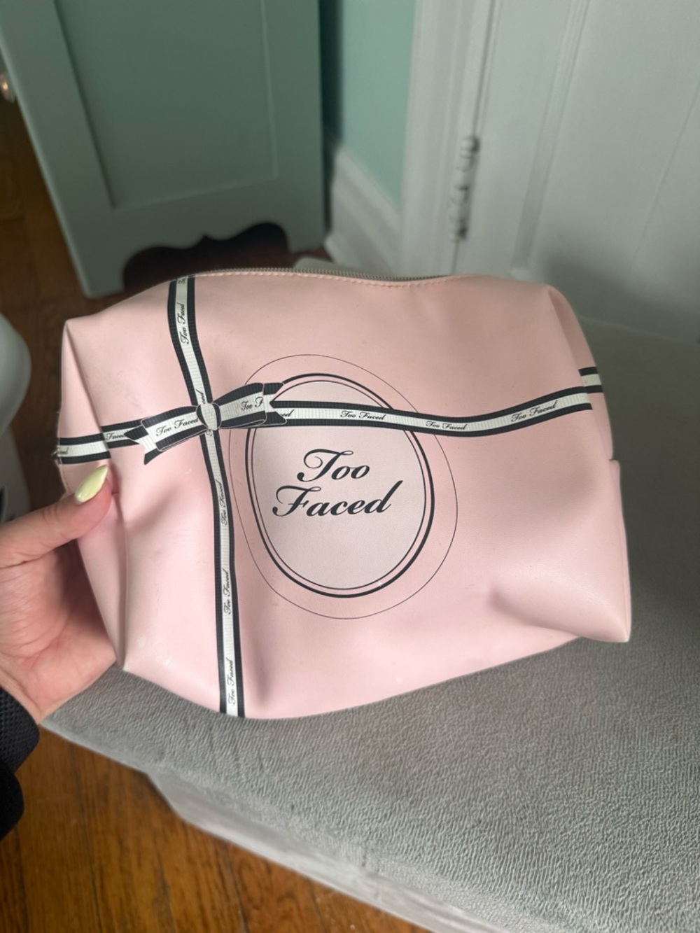 Too Faced Light Pink Cosmetic Pouch with Ribbon Motif